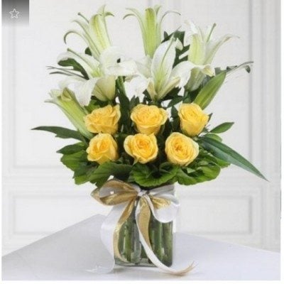 Glass Vase Of Roses With Lilies (As Shown)