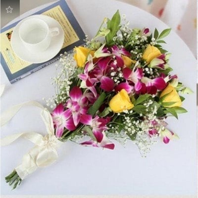 Bunch Of 5 Purple Orchids With 5 Yellow Roses (As Shown)
