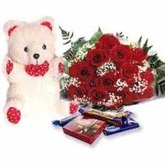 Bunch of 25 Red Roses 6 Inches Teddy 6 Bars of Cadbury