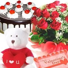 Red Roses with Black Forest Cake & Teddy