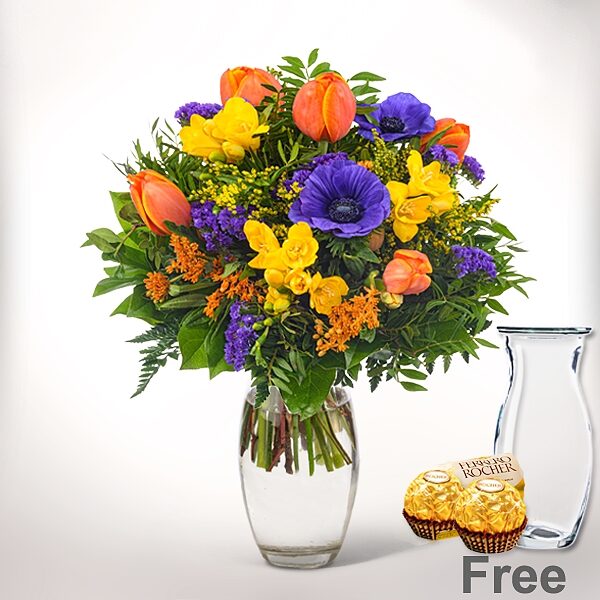 Flower Bouquet Harbinger of Spring with Vase & 2 Ferrero Rocher