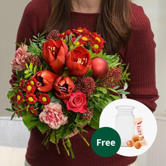Flower Bouquet Holly with vase & 3 Ferrero Giotto