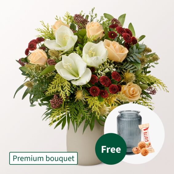 Premium Bouquet Vorfreude with Premium Vase & 3 Ferrero Giotto