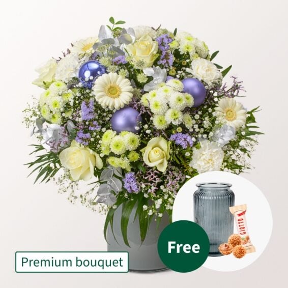 Premium Bouquet Schneezauber with Premium Vase & 3 Ferrero Giotto