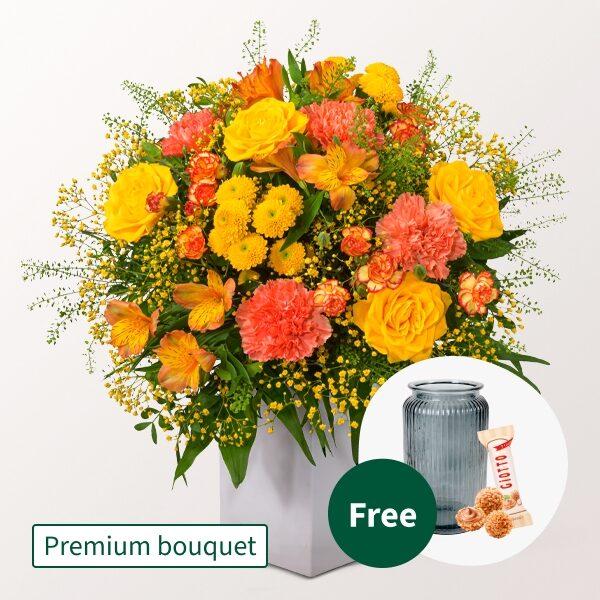 Premium Bouquet Herbstsonne with Premium Vase & Teaballs & 3 Ferrero Giotto