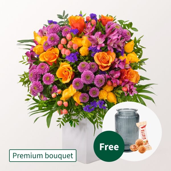 Premium Bouquet Herbsttanz with Premium Vase & Teaballs & 3 Ferrero Giotto