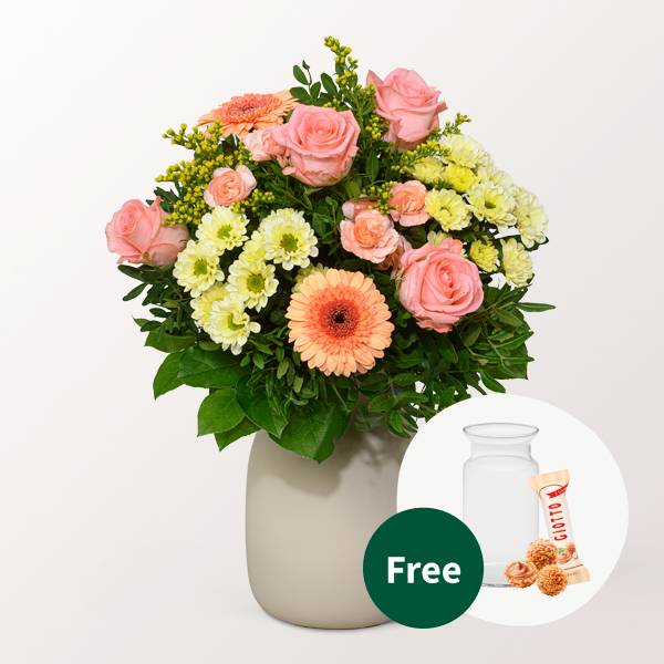 Flower Bouquet Zarte Gruße with vase & 3 Ferrero Giotto