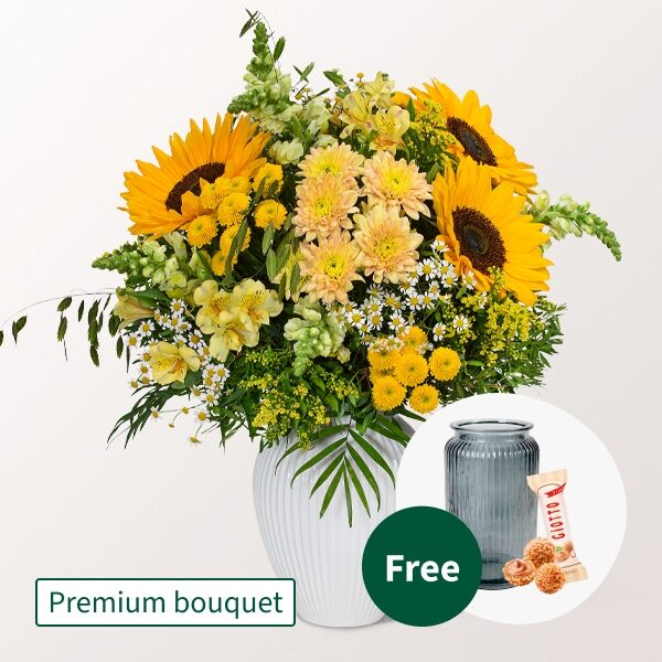 Premium Bouquet SommerglÃ¼hen with Premium Vase & 3 Ferrero Giotto