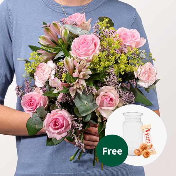 Flower Bouquet Rosengruß with vase & 3 Ferrero Giotto