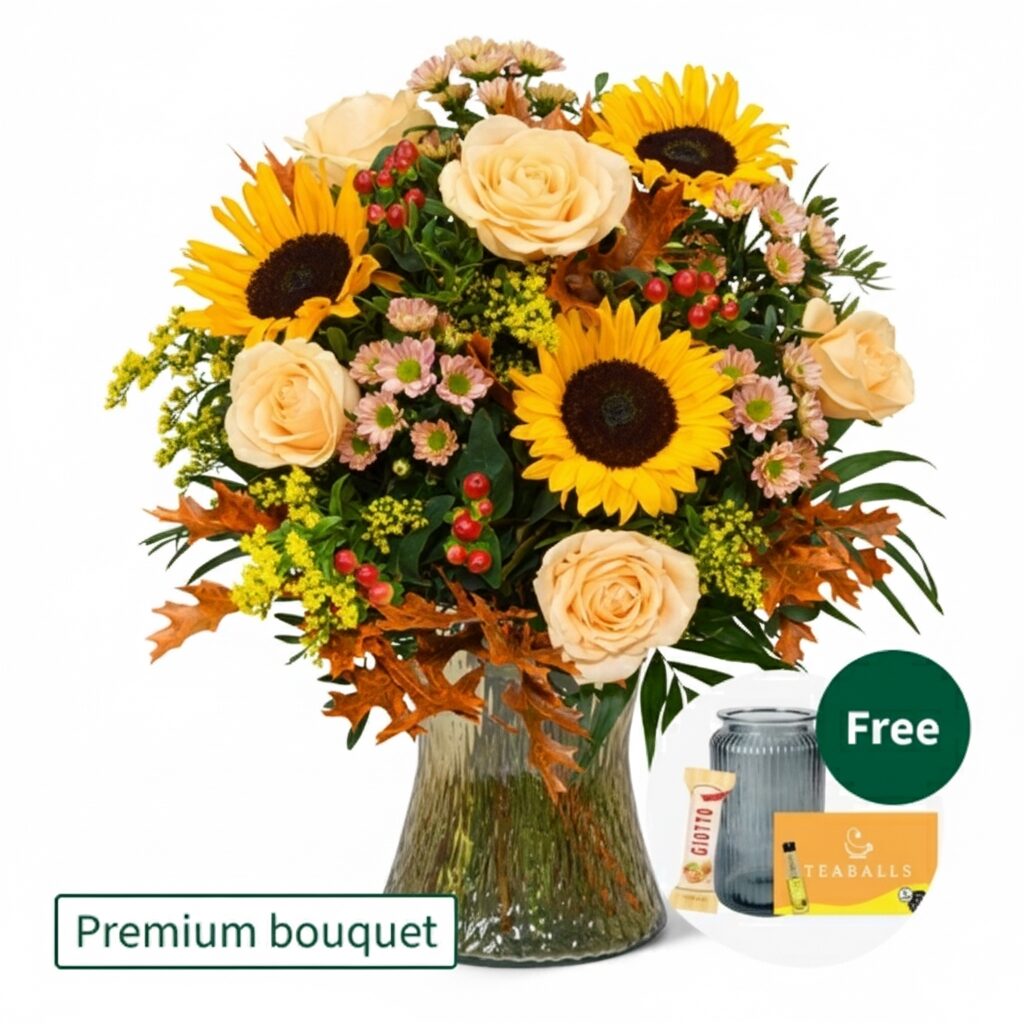 Premium Bouquet Herbstmix with Premium Vase & Teaballs & 3 Ferrero Giotto