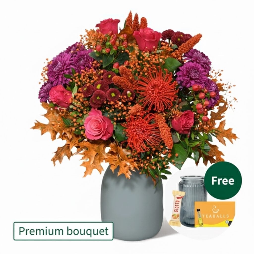 Premium Bouquet Leuchtfeuer with Premium Vase & Teaballs & 3 Ferrero Giotto