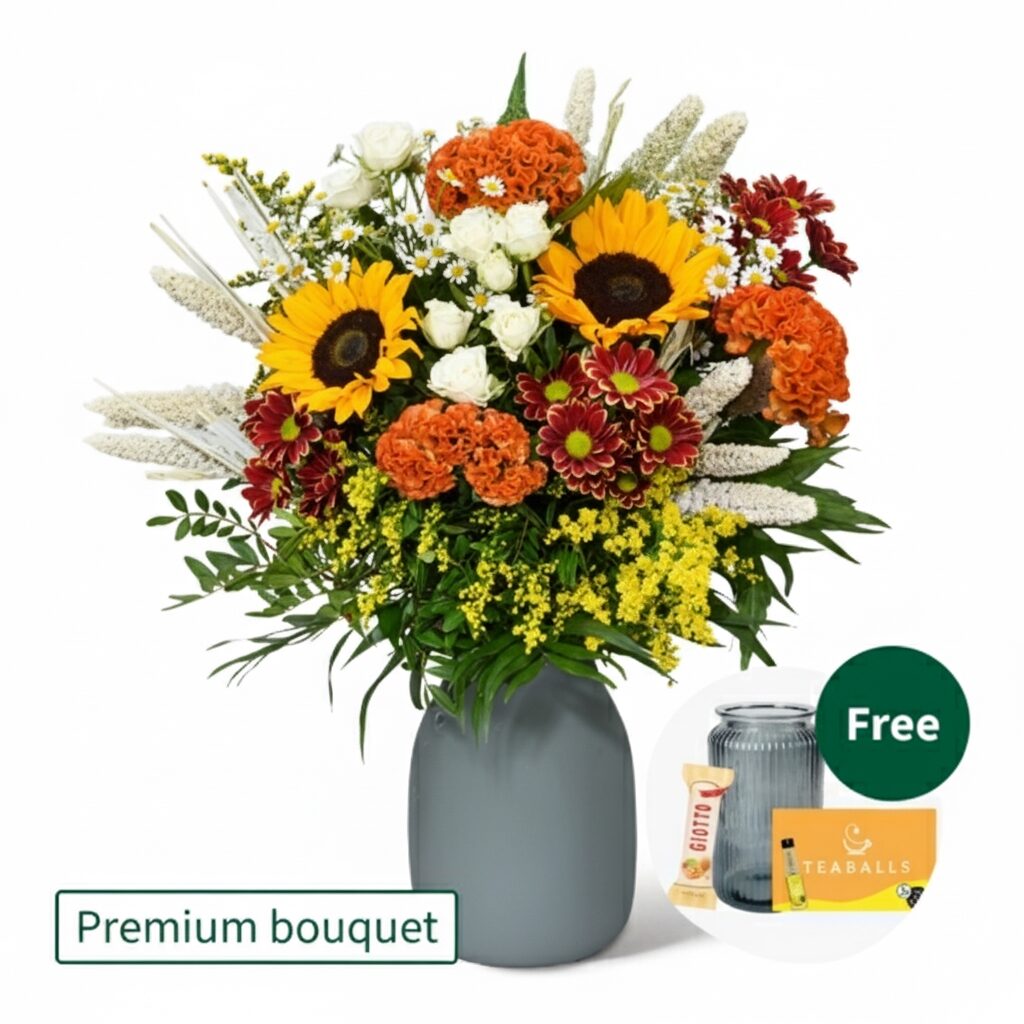 Premium Bouquet Herbstlacheln with Premium Vase & Teaballs & 3 Ferrero Giotto
