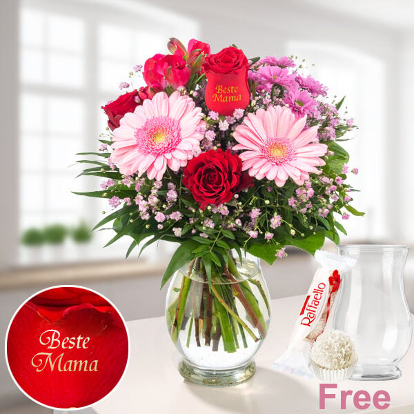 Flower Bouquet "Beste Mama" With Vase And Ferrero Raffaello