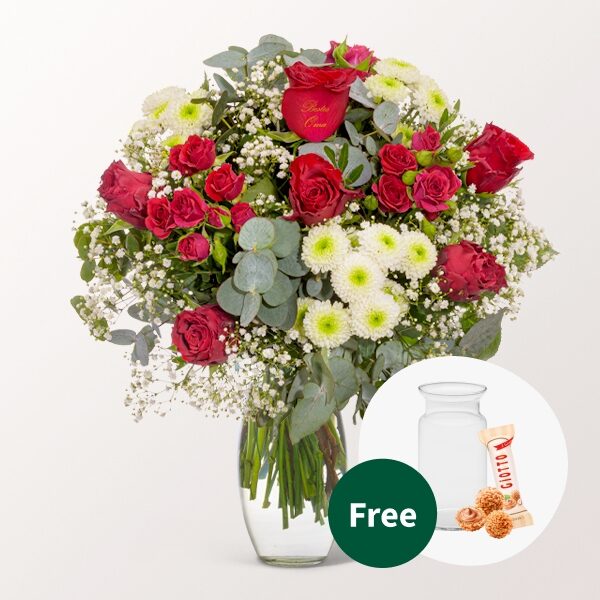 Flower Bouquet â€žBeste Omaâ€œ with vase & 3 Ferrero Giotto