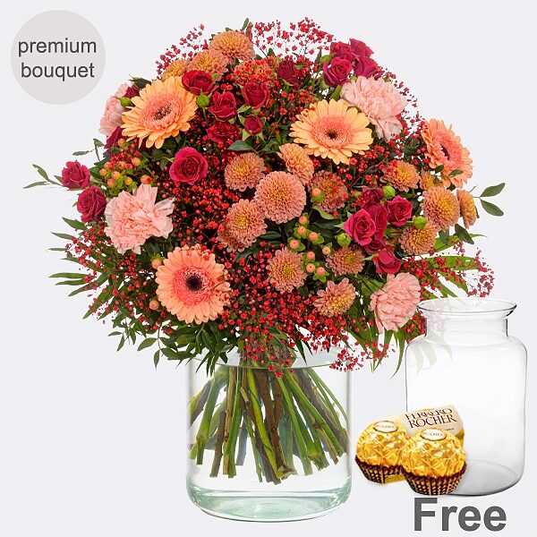 Premium bouquet spring scent with premium vase & 2 Ferrero Rocher