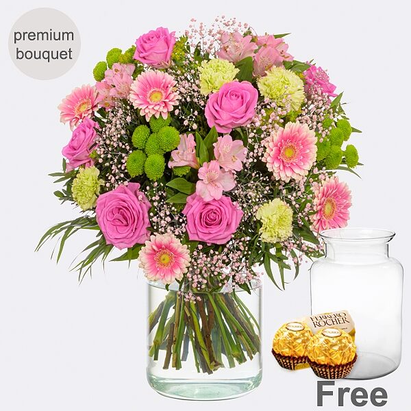 Premium Bouquet Liebesglück with premium vase & 2 Ferrero Rocher