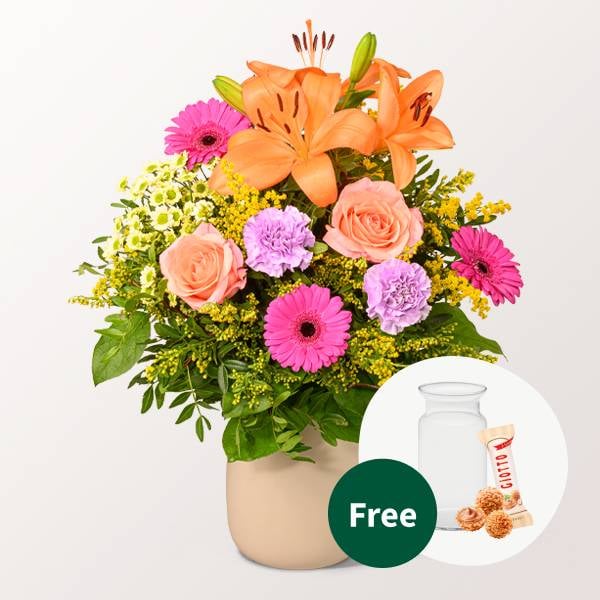 Flower Bouquet Beste Wunsche with vase & 3 Ferrero Giotto