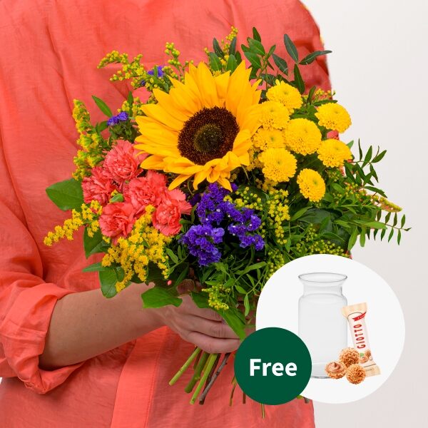 Flower Bouquet SonnengrÃ¼ÃŸe with vase & 3 Ferrero Giotto
