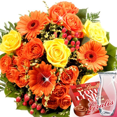 Flower Bouquet Blütensensation with vase & Lindt Lindor