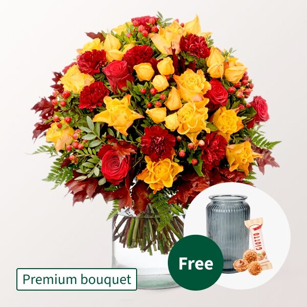Premium Bouquet Herbstfeuer with Premium Vase & Teaballs & 3 Ferrero Giotto