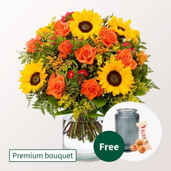 Premium Bouquet Herbstfarben with Premium Vase & Teaballs & 3 Ferrero Giotto