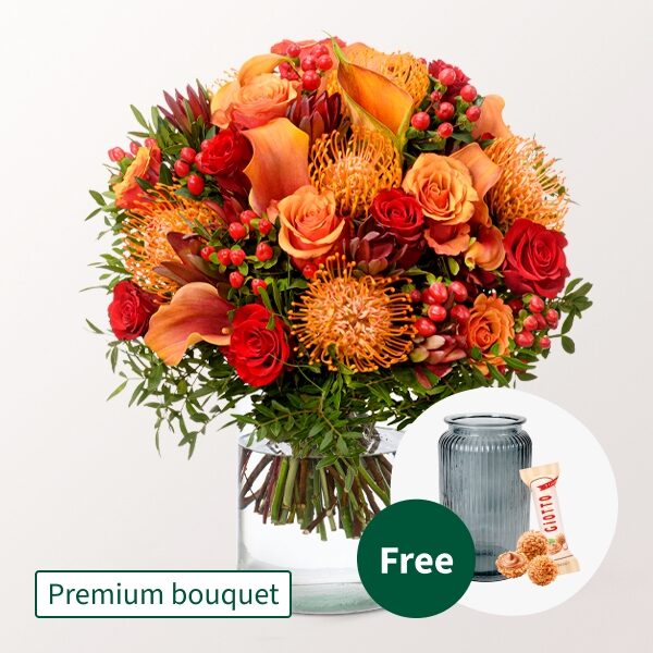 Premium Bouquet Herbstblute with Premium Vase & Teaballs & 3 Ferrero Giotto