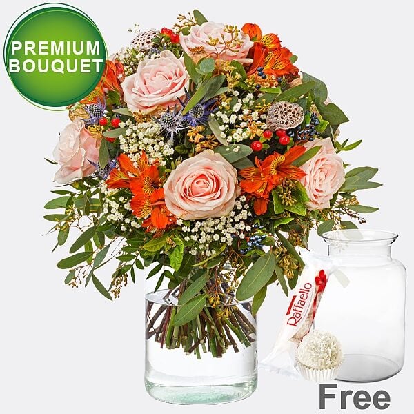 Premium Bouquet Herbstgefuhl with premium vase & Ferrero Raffaello