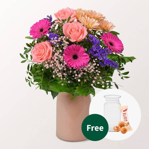 Flower Bouquet Frühlingsfreude with vase & 3 Ferrero Giotto