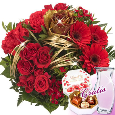 Flower BouquetFürdie Beste with vase & Lindt Pralinés