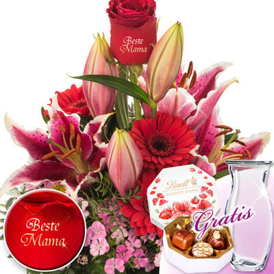Flower Bouquet Liebste Mutter with vase & Lindt Pralinés