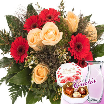 Flower Bouquet Lovely with vase & Lindt Pralinés