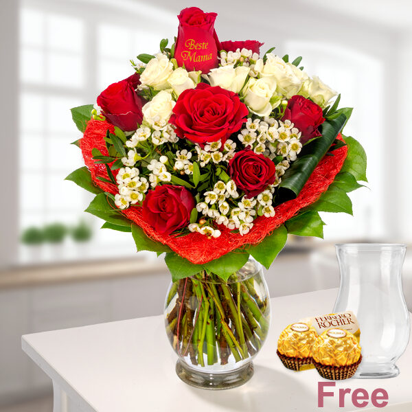 Flower Bouquet Mama With Vase and 2 Ferrero Rocher