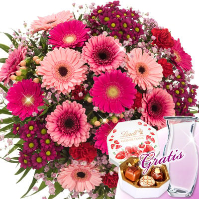 Flower Bouquet Danke with vase & Lindt Pralinés