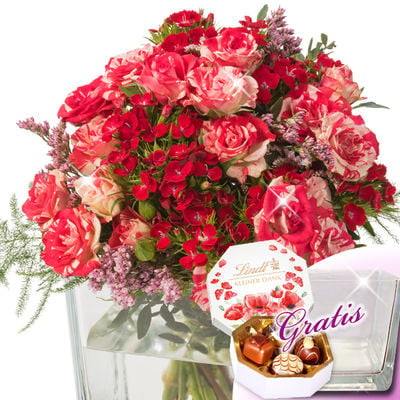 Flower Bouquet Feuerwerk with vase & Lindt Pralinés