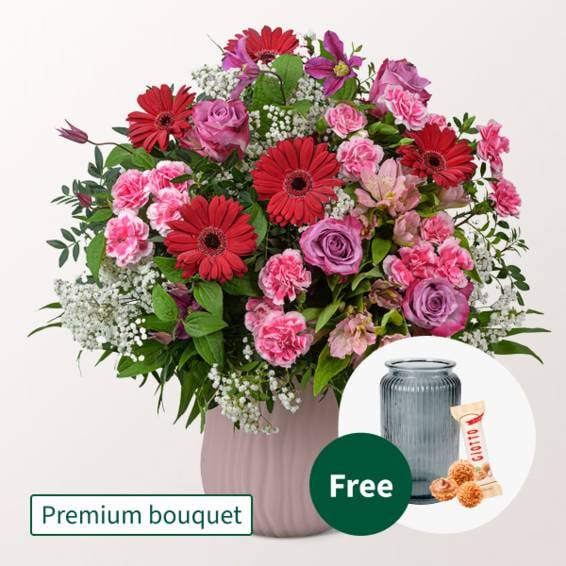 Premium Bouquet Liebeszauber with Premium Vase & 3 Ferrero Giotto