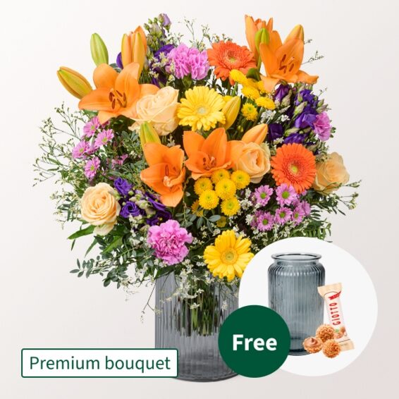 Premium Bouquet Sonnengluck with Premium Vase & 3 Ferrero Giotto