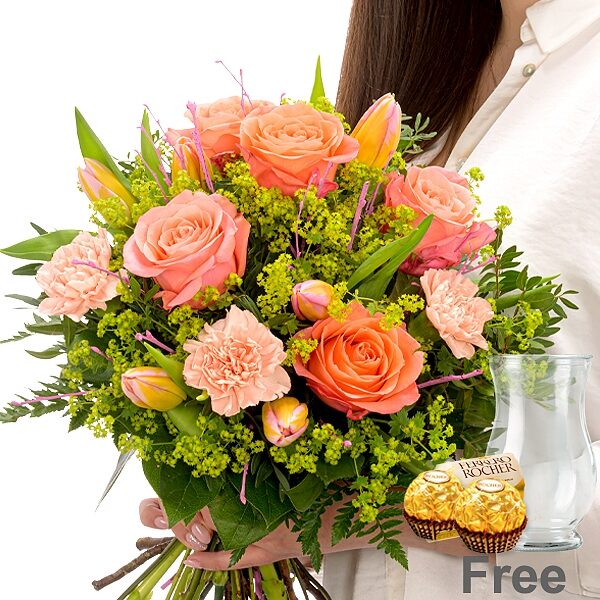 Flower Bouquet Frühlingsherz with vase & 2 Ferrero Rocher