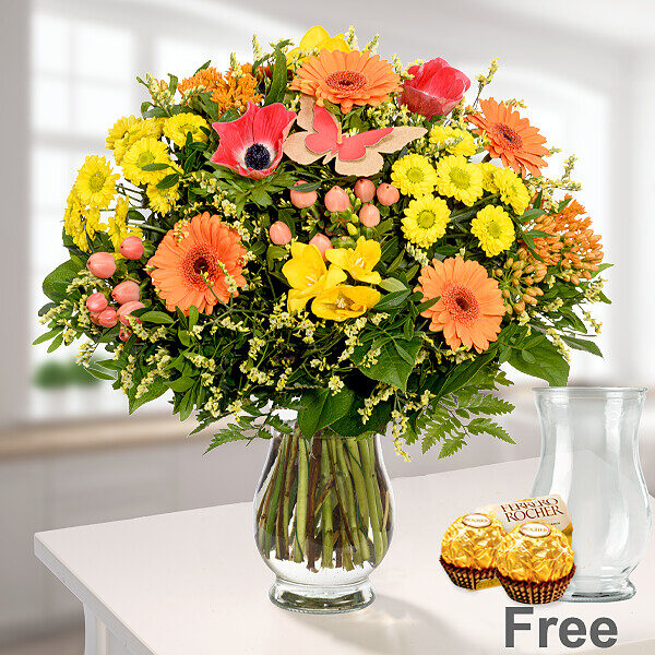 Flower Bouquet Spring Magic with vase & 2 Ferrero Rocher