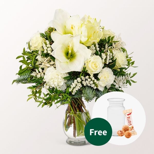 Flower Bouquet Winterfreude with vase & 2 Ferrero Rocher
