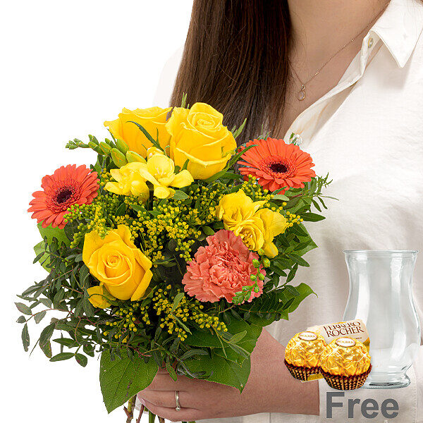 Flower Bouquet Sonnenschein with vase & 2 Ferrero Rocher