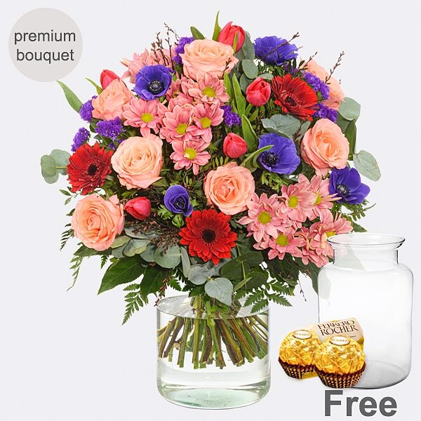 Premium Bouquet Poesie with premium vase & 2 Ferrero Rocher