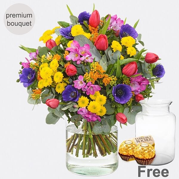 Premium Bouquet Lebensfreude with premium vase & 2 Ferrero Rocher