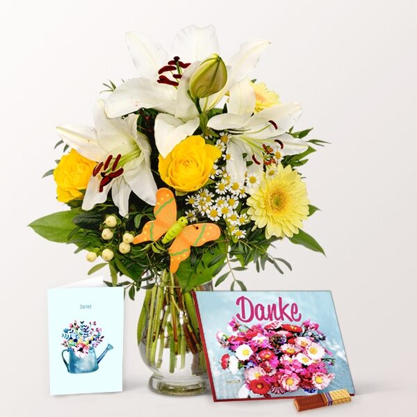 Thank You Set with Flower Bouquet, Greeting Card & with vase & Merci