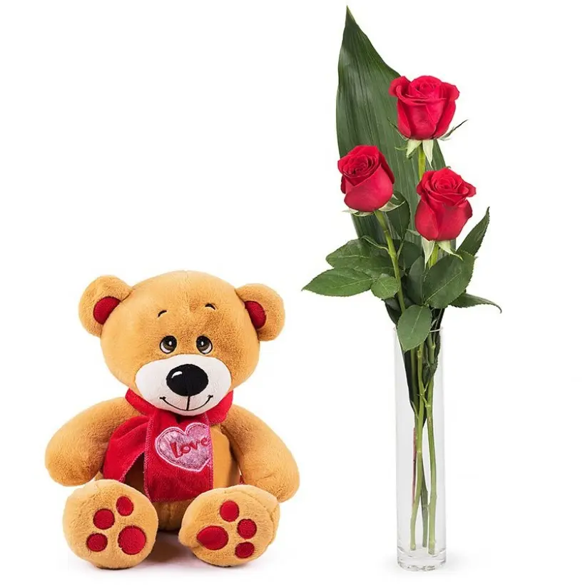 First Love: 3 red roses and a teddy