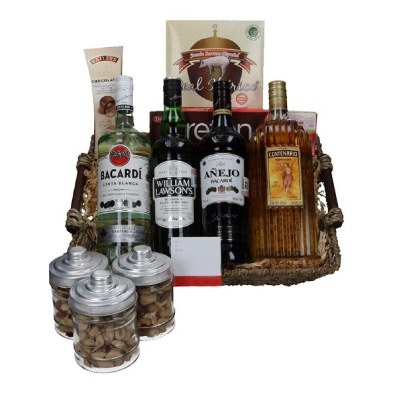 Gourmet basket with rum, whiskey, Tequila
