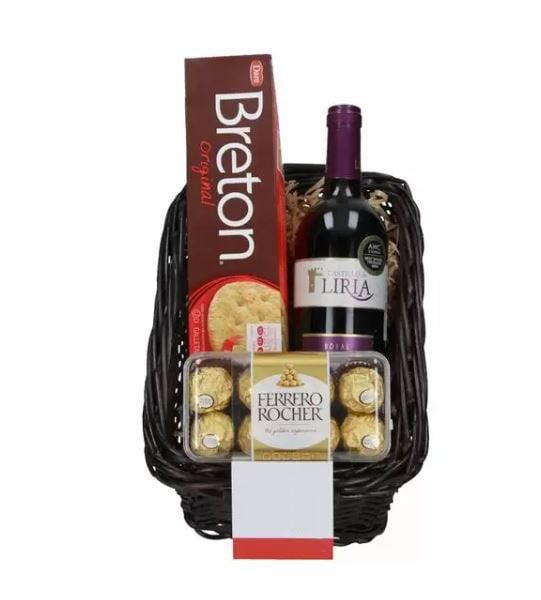 Basket with Red Wine, Chocolates and Cookies