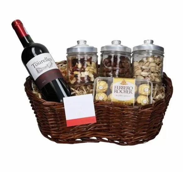 Basket of Red Wine and Chocolates