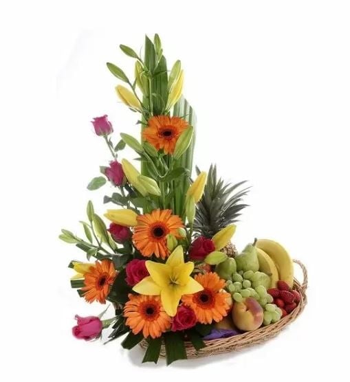 Fruit & Floral Arrangement (Gerberas, Lilis, Roses)