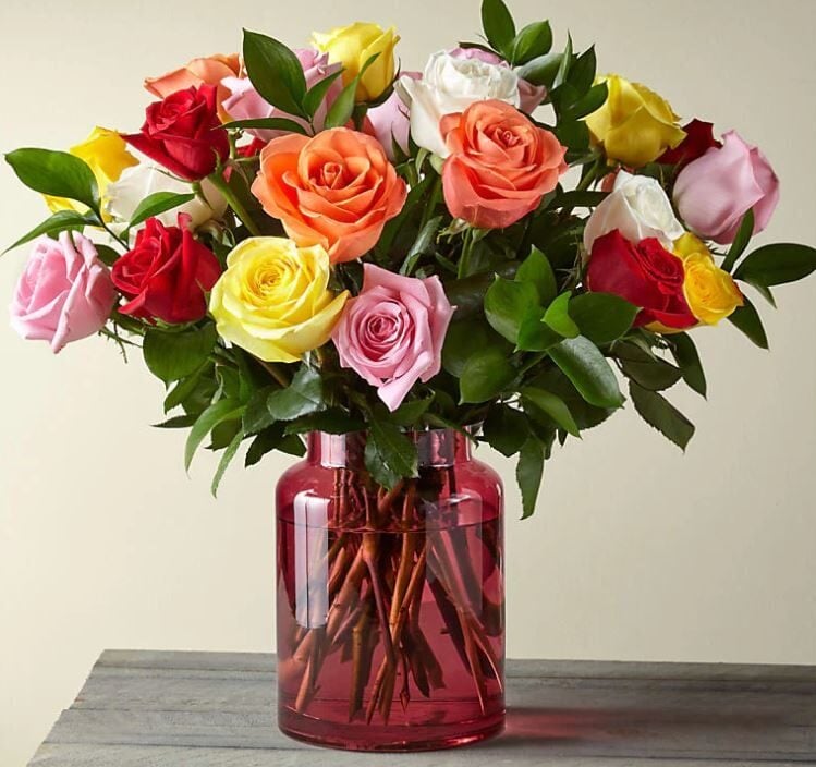 Two Dozen Mixed Roses with Blush Vase