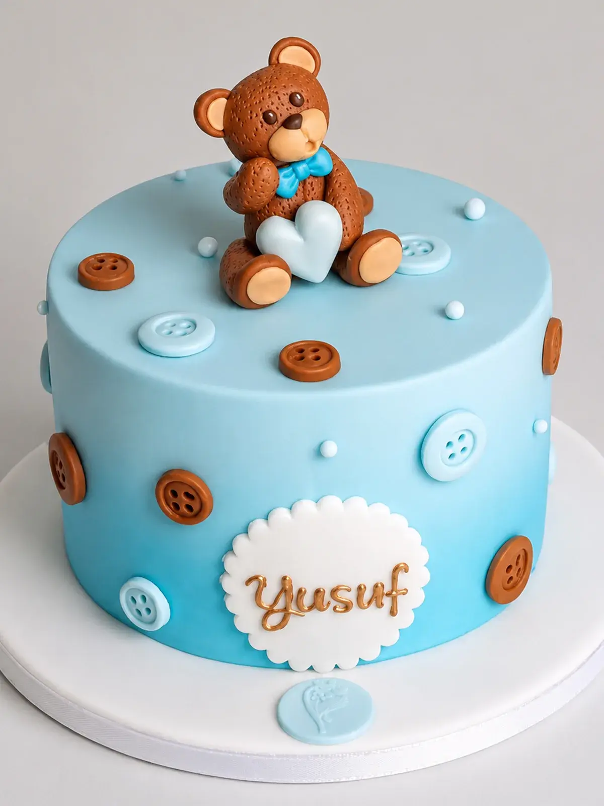 Blue Button Bear Theme Cake